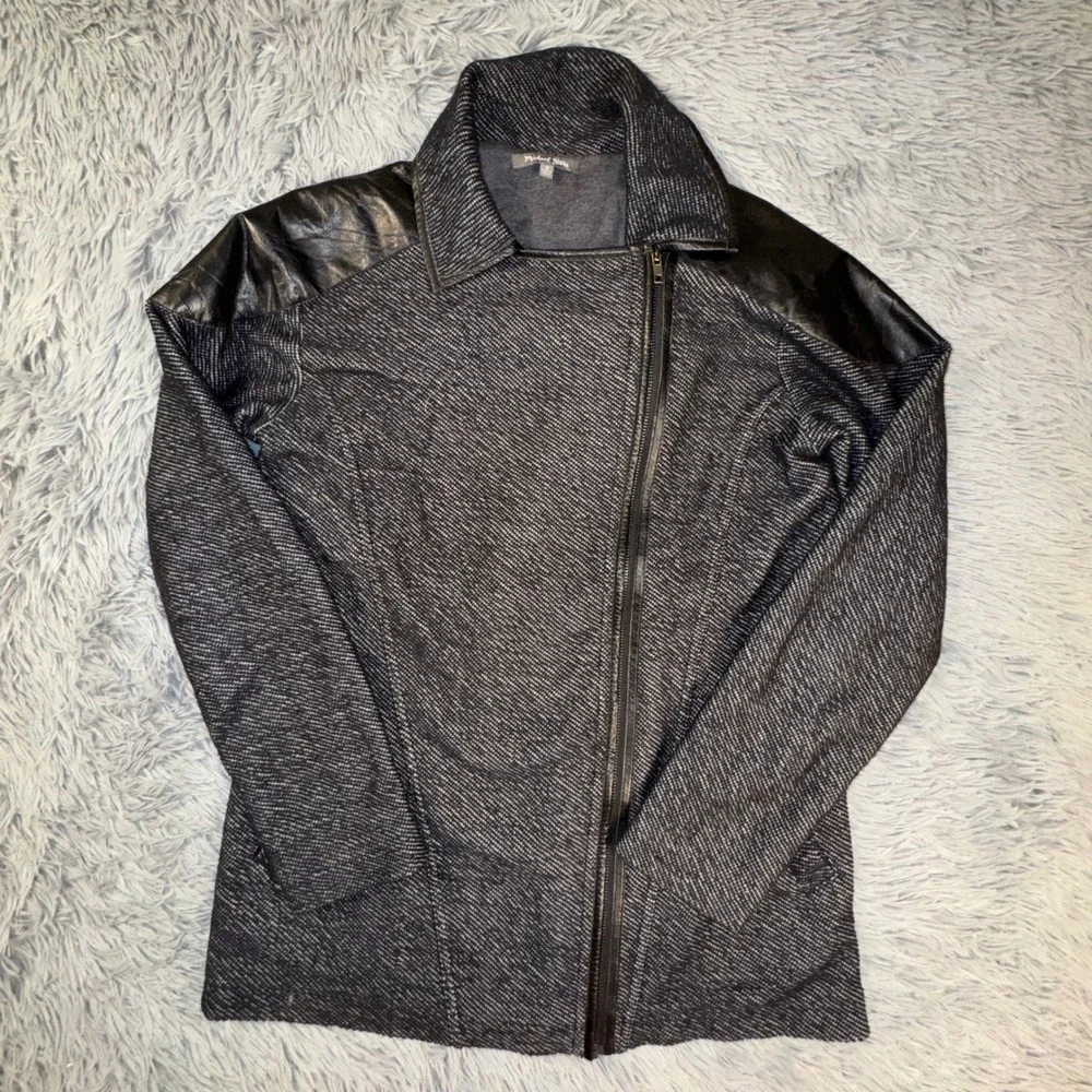 Michael Stars Women's Medium Black‎ White Herringbone Moto Jacket Leather Trim